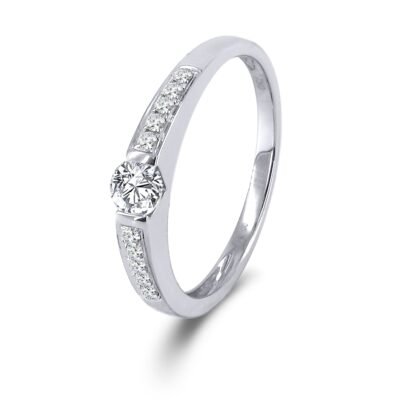 Gyűrű 14k fehéraranyból, kerek briliáns gyémánt gyűrű, gyémánt szalaggal