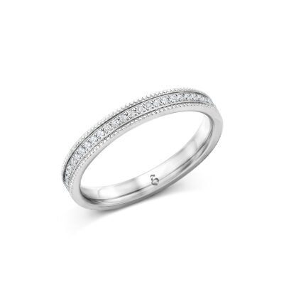 Gyöngysoros kerek briliáns gyémánt örökgyűrű 14k fehéraranyból, Milgrain díszítéssel