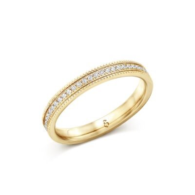 Anello di eternità con diamanti tondi e brillanti incastonati in oro giallo 14 ct. con grana