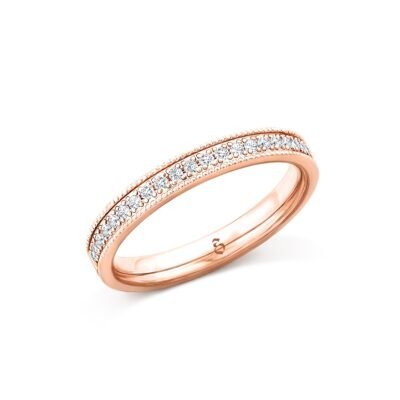 Anel de meia-eternidade de diamante brilhante redondo cravejado de contas em ouro rosa de 14k com milgrain