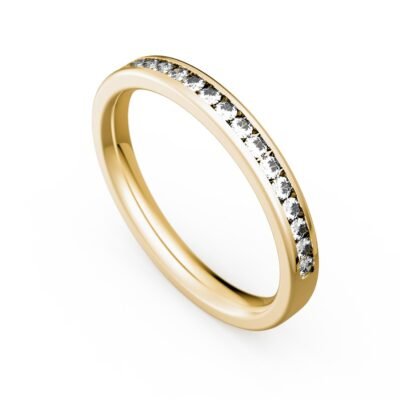 Csatornázott kerek briliáns gyémánt fél örökkévalósági gyűrű 14k sárga aranyból