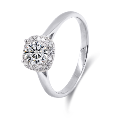 Cushion Cut Halo Round Brilliant Diamond Cathedral Ring in 14k White Gold