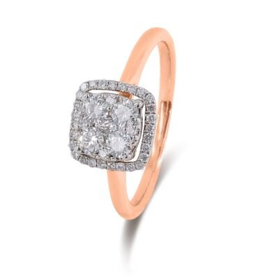 Cushion Cut Halo Round Brilliant Diamond Cluster Ring in 14k Rose Gold