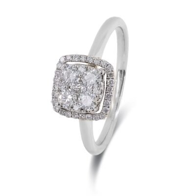 Cushion Cut Halo Round Brilliant Diamond Cluster Ring in 14k White Gold