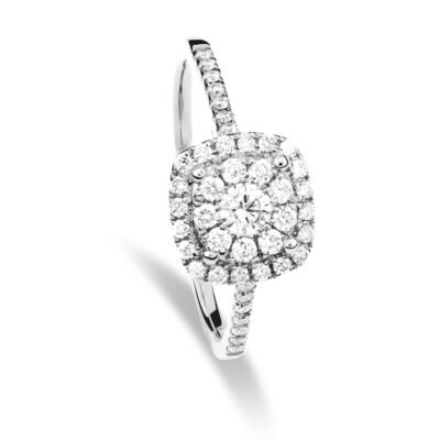 Cushion Cut Halo Round Brilliant Diamond Cluster Ring in 14k White Gold with Diamond Pavé Band
