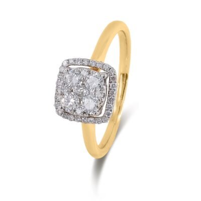 Cushion Cut Halo Round Brilliant Diamond Cluster Ring in 14k Yellow Gold