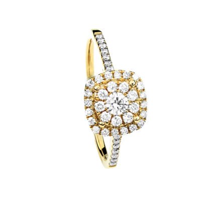 Anel de diamante brilhante redondo com auréola de corte almofadado em ouro amarelo de 14k com banda de pavé de diamante