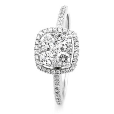 Cushion Cut Halo Round Brilliant Diamond Floral Cluster Ring in 14k White Gold with Diamond Pavé Band