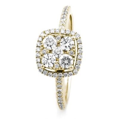 Cushion Cut Halo Round Brilliant Diamond Floral Cluster Ring in 14k Yellow Gold with Diamond Pavé Band