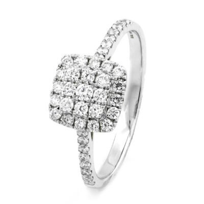 Cushion Cut Round Brilliant Diamond Cathedral Cluster Ring in 14k White Gold with Diamond Pavé Band