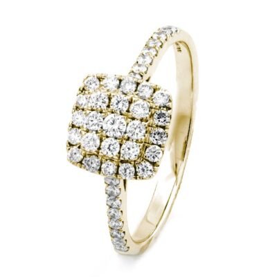 Cushion Cut Round Brilliant Diamond Cathedral Cluster Ring in 14k Gelbgold mit Diamant Pavé Band