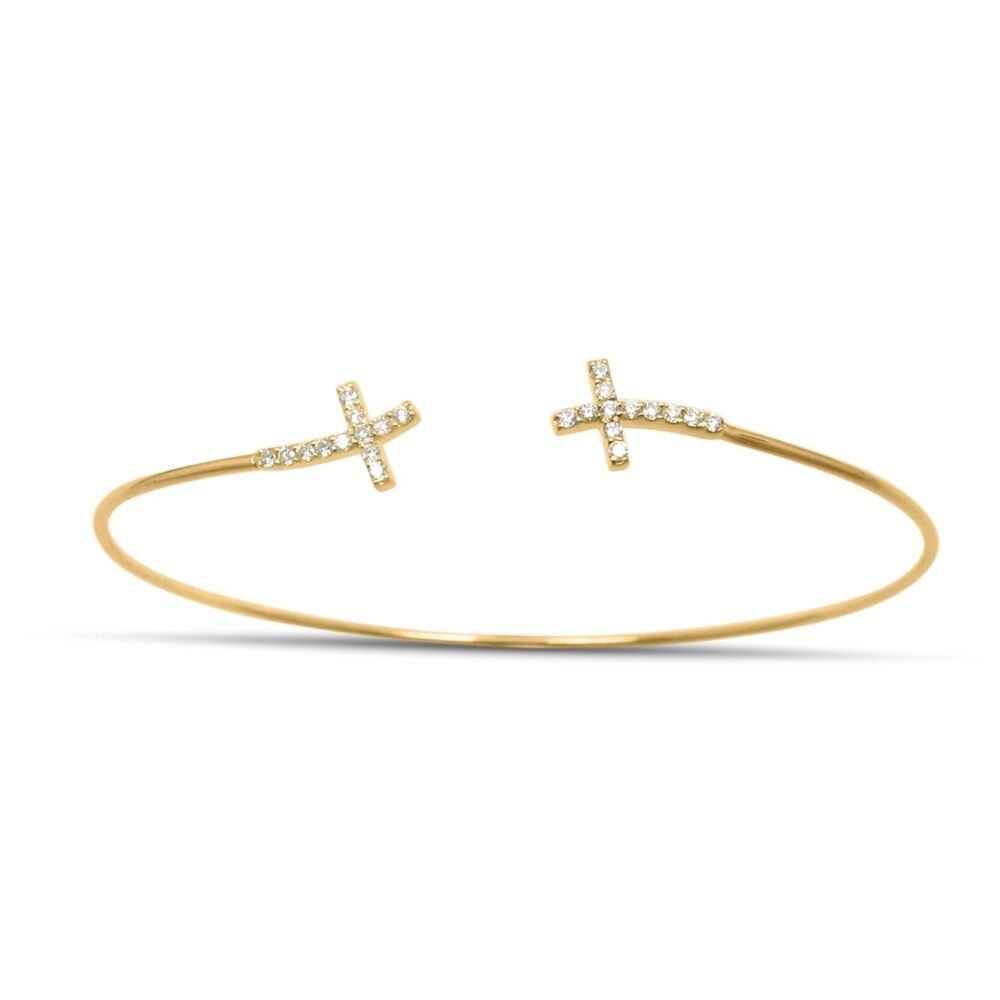 Diamond Cross Open Bangle Bracelet in 14k Yellow Gold