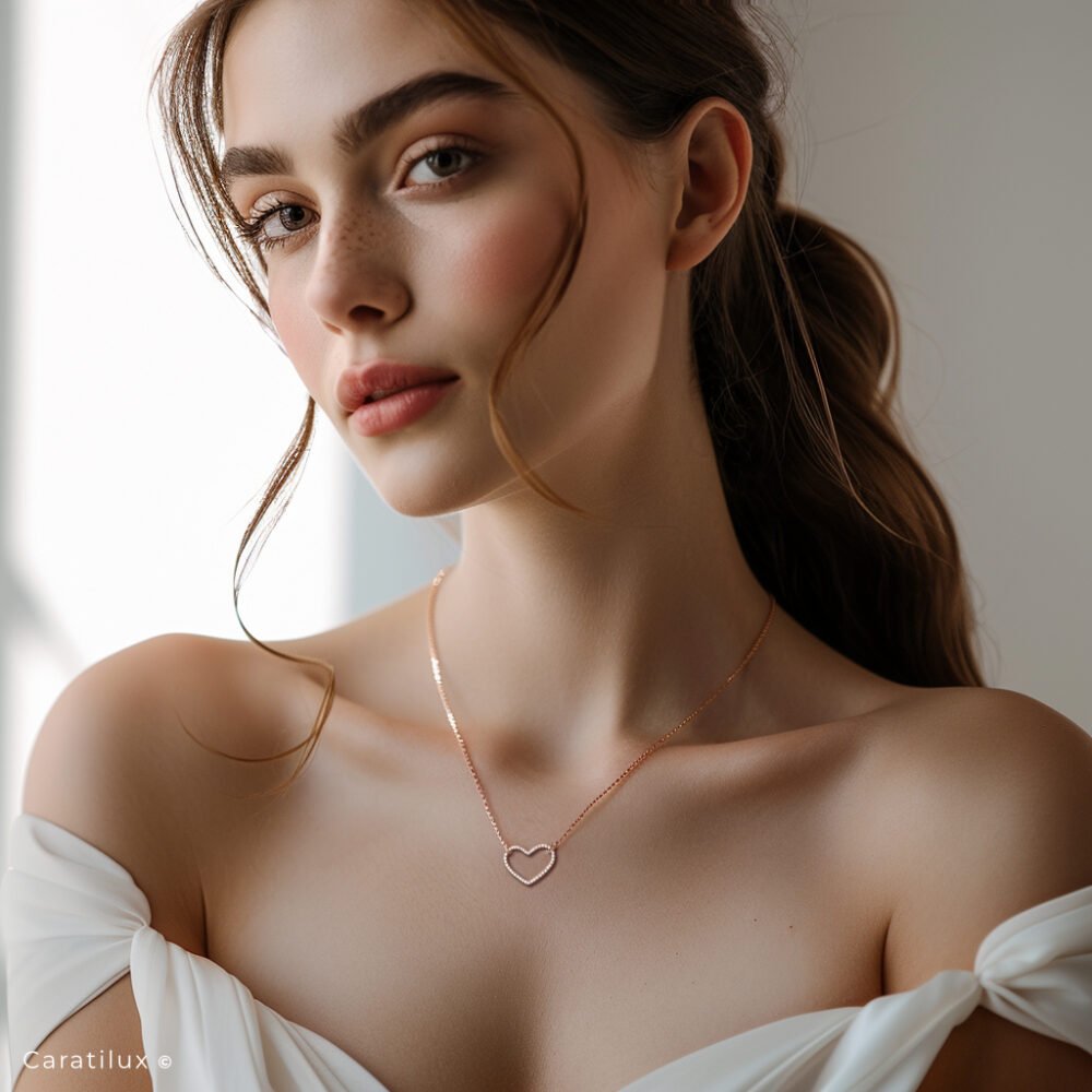 Collier en or rose 14K avec cœur en diamant