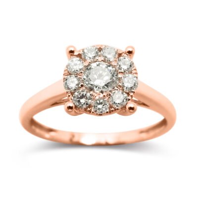 Four-Prong Round Brilliant Diamond Cathedral Cluster Ring in 14k Rose Gold
