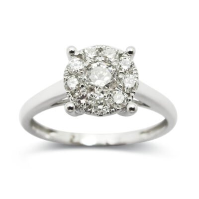 Four-Prong Round Brilliant Diamond Cathedral Cluster Ring in 14k White Gold