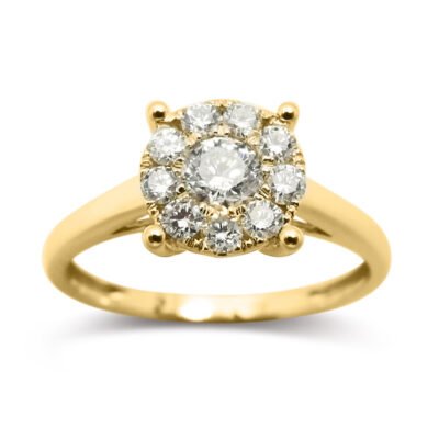 Four-Prong Round Brilliant Diamond Cathedral Cluster Ring in 14k Yellow Gold
