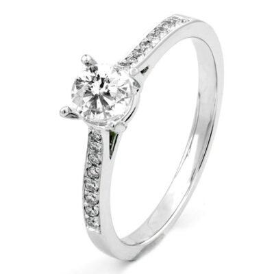 Four-Prong Round Brilliant Diamond Cathedral Ring in 14k White Gold with Diamond Band