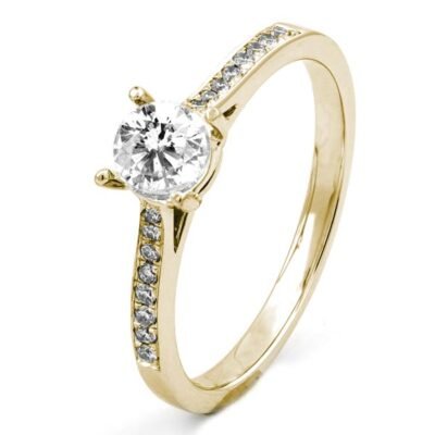 Four-Prong Round Brilliant Diamond Cathedral Ring in 14k Yellow Gold with Diamond Band