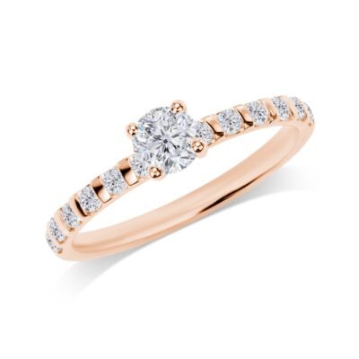 Four-Prong Round Brilliant Diamond Ring in 14k Rose Gold with Half Eternity Bar Set Band