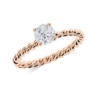 Diamantni prstan s štirimi krogi v 14-karatnem rožnatem zlatu in zavitim pasom za večnost z vrvjo