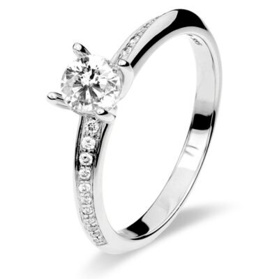 Four-Prong Round Brilliant Diamond Ring in 14k White Gold with Diamond Twist Band