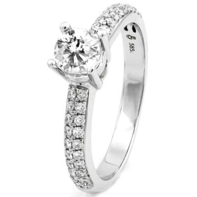Vier-prong rond briljant diamant ring in 14k witgoud met dubbele rij pavé band