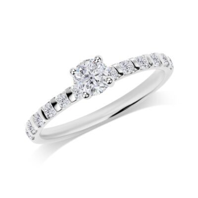 Four-Prong Round Brilliant Diamond Ring in 14k White Gold with Half Eternity Bar Set Band