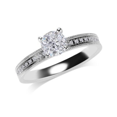 Four-Prong Round Brilliant Diamond Ring in 14k White Gold with Half Eternity Milgrain Band