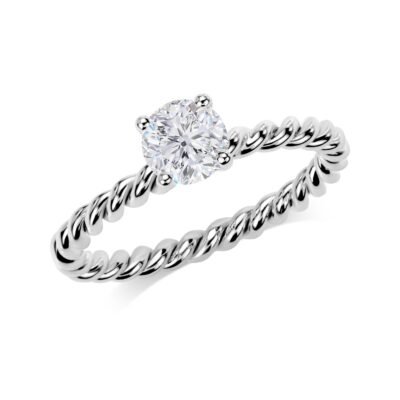 Four-Prong Round Brilliant Diamond Ring in 14k White Gold with Twisted Rope Eternity Band