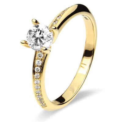 Four-Prong Round Brilliant Diamond Ring in 14k Yellow Gold with Diamond Twist Band
