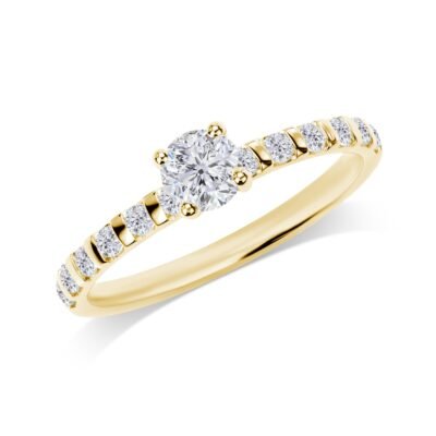 Four-Prong Round Brilliant Diamond Ring in 14k Yellow Gold with Half Eternity Bar Set Band