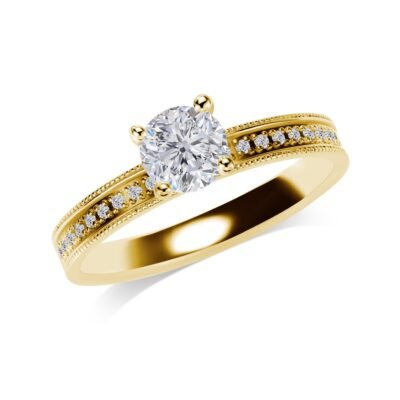 Four-Prong Round Brilliant Diamond Ring in 14k Yellow Gold with Half Eternity Milgrain Band