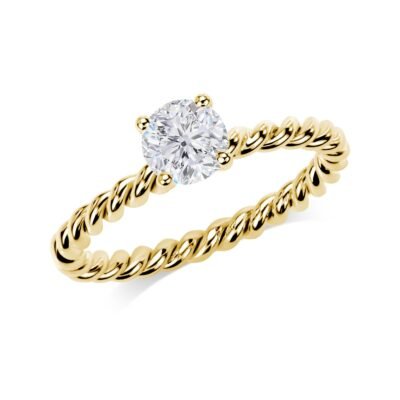 Prstan s štirimi okroglimi briljantnimi diamanti v 14-karatnem rumenem zlatu z zavitim trakom za večnost