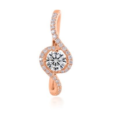 Four-Prong Round Brilliant Diamond Swirl Ring in 14k Rose Gold with U-Cut Diamond Band