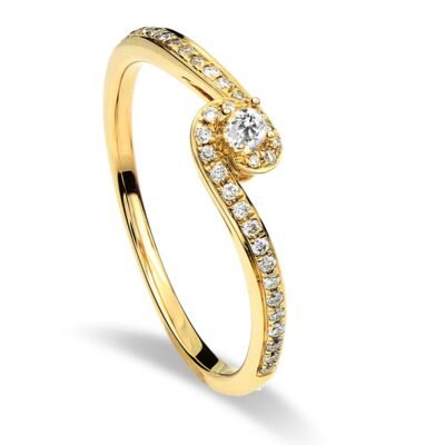 Vier-prong rond briljant diamanten wervelring in 14k geelgoud met diamanten band