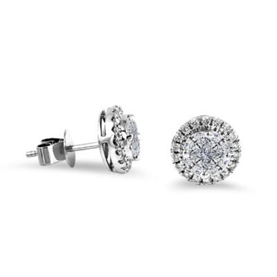 Halo verheven cluster diamanten oorbellen in 14k wit goud