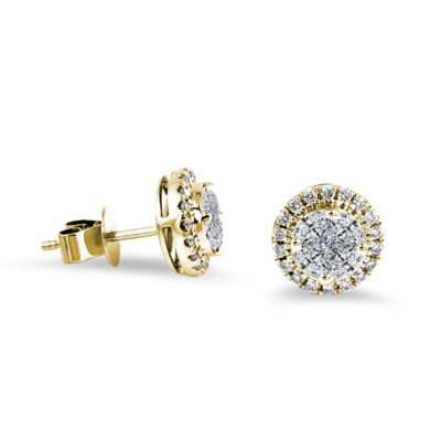Halo verheven cluster diamanten oorbellen in 14k geel goud