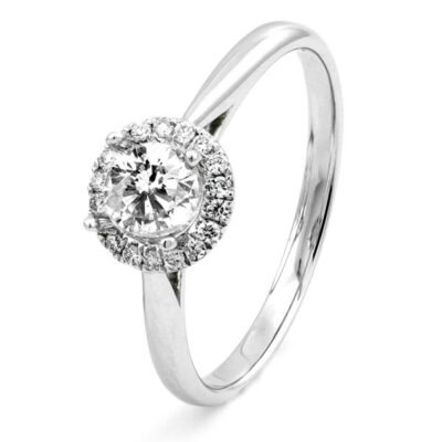 Halo Round Brilliant Diamond Cathedral Ring in 14k White Gold