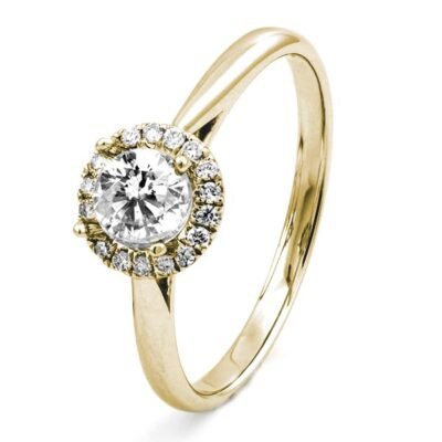 Halo Round Brilliant Diamond Cathedral Ring in 14k Yellow Gold