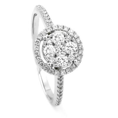 Halo Round Brilliant Diamond Cluster Ring in 14k White Gold with Diamond Pavé Band