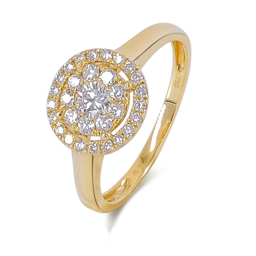 Halo Round Brilliant Diamond Cluster Ring in 14k Yellow Gold