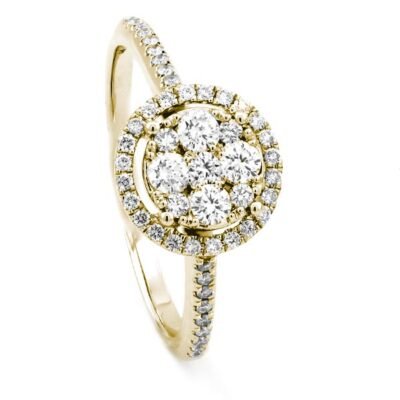 Halo Round Brilliant Diamond Cluster Ring in 14k Yellow Gold with Diamond Pavé Band