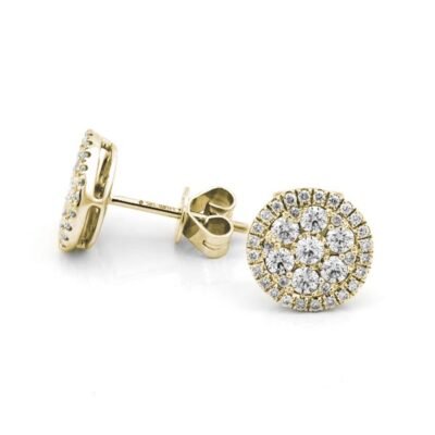 Хало кръгли брилянти с диаманти Флорален клъстер обеци в 14-каратово жълто злато