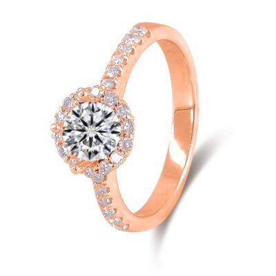 Diamantový prsten Halo Round Brilliant ze 14karátového růžového zlata s diamantovou páskou Pavé