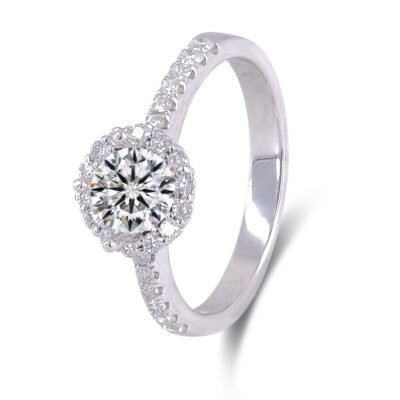 Halo Round Brilliant Diamond Ring in 14k White Gold with Diamond Pavé Band