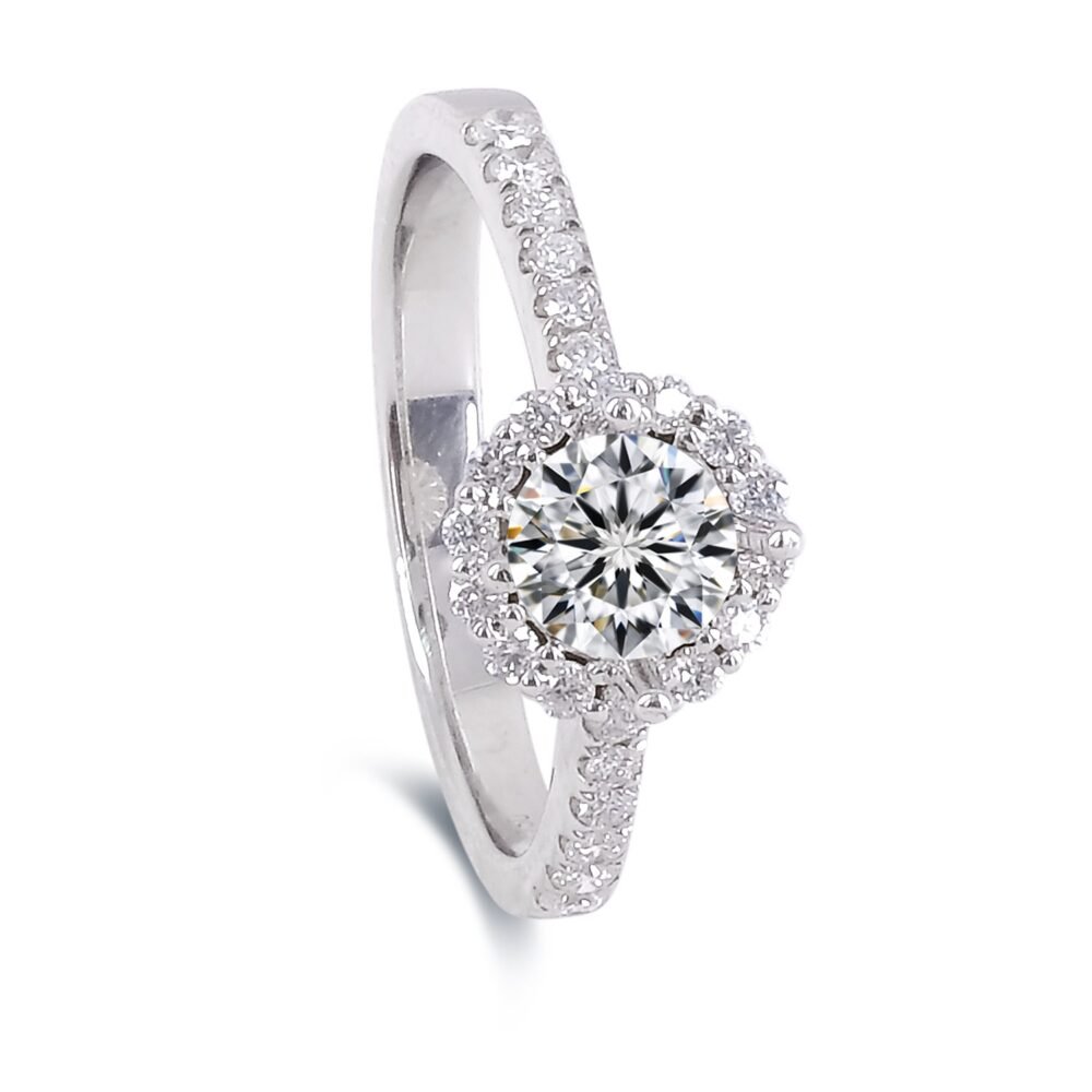 Halo Round Brilliant Diamond Ring in 14k White Gold with Diamond Pave Band 3