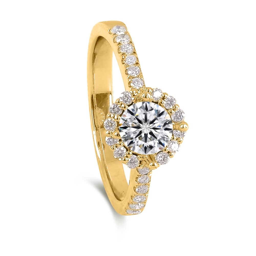 Halo Round Brilliant Diamond Ring in 14k Yellow Gold with Diamond Pave Band 3