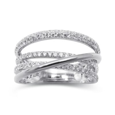 Crossover-ring med flera rader runda briljantdiamanter i 14k vitguld