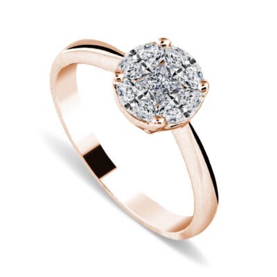 Клъстерен пръстен с диаманти, шлифовани като принцеси и маркизи, от 14-каратово розово злато