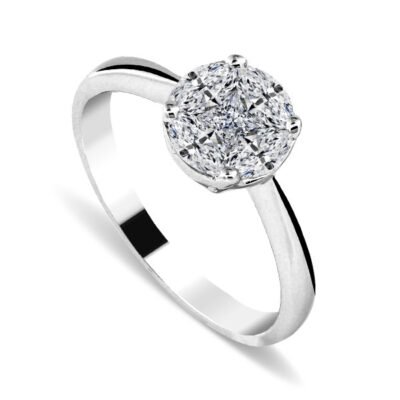 Клъстерен пръстен с диаманти, шлифовани като принцеси и маркизи, от 14-каратово бяло злато
